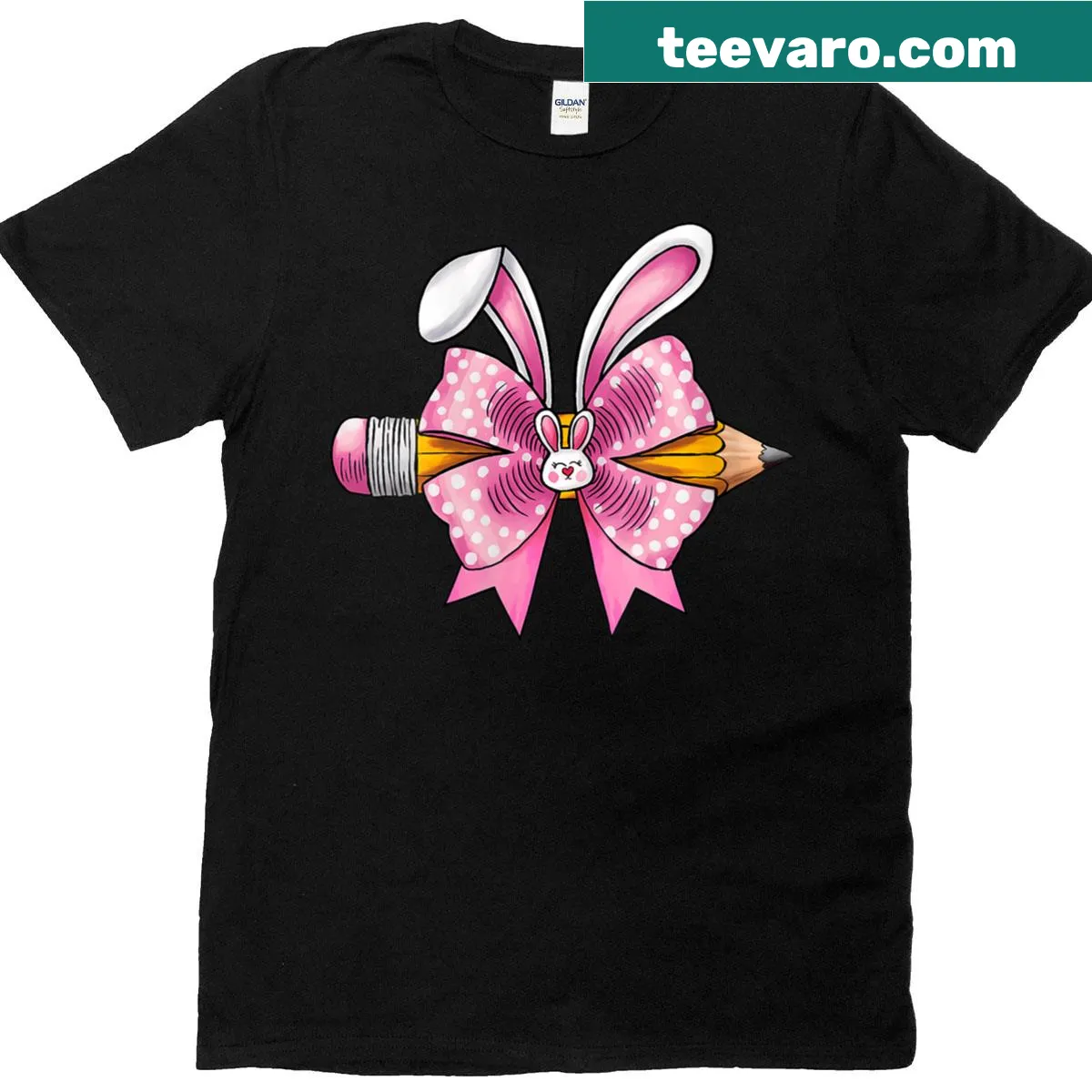 Cute bunny teacher T-shirt with bow for Easter — on a men's t-shirt