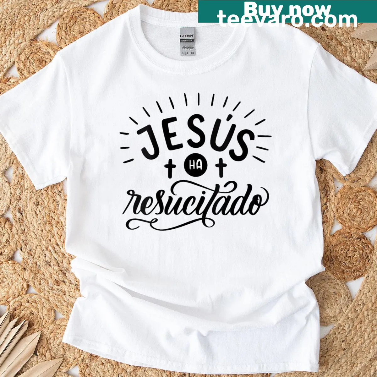 T-shirt featuring Jesus Christ with Easter-themed Spanish text — on a men's t-shirt