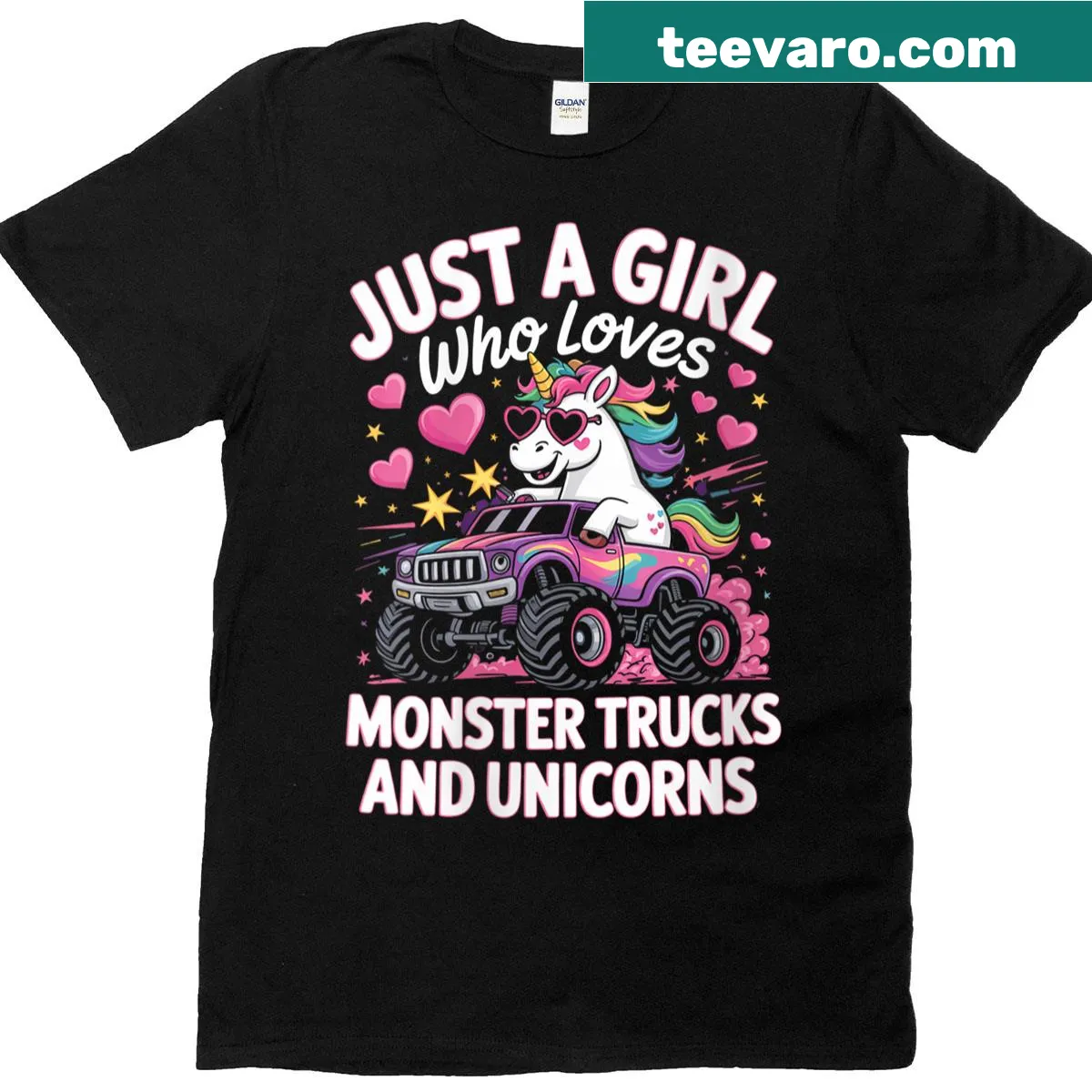 Humorous T-shirt featuring monster trucks and unicorns graphic — on a men's t-shirt