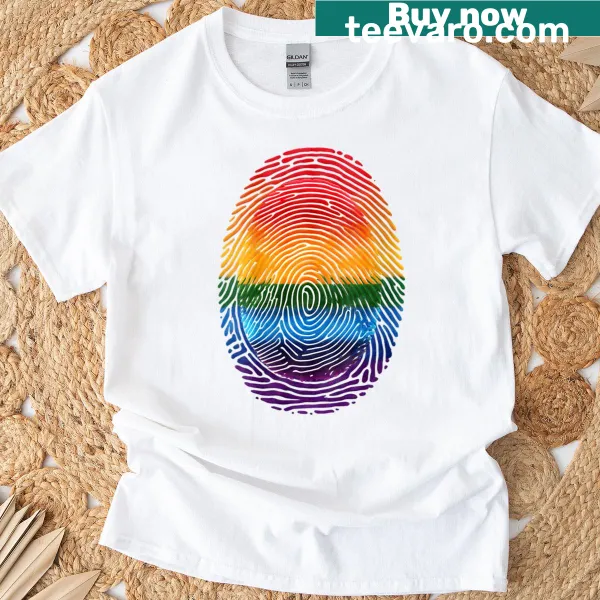 LGBTQ T-shirt with rainbow fingerprint design celebrating pride