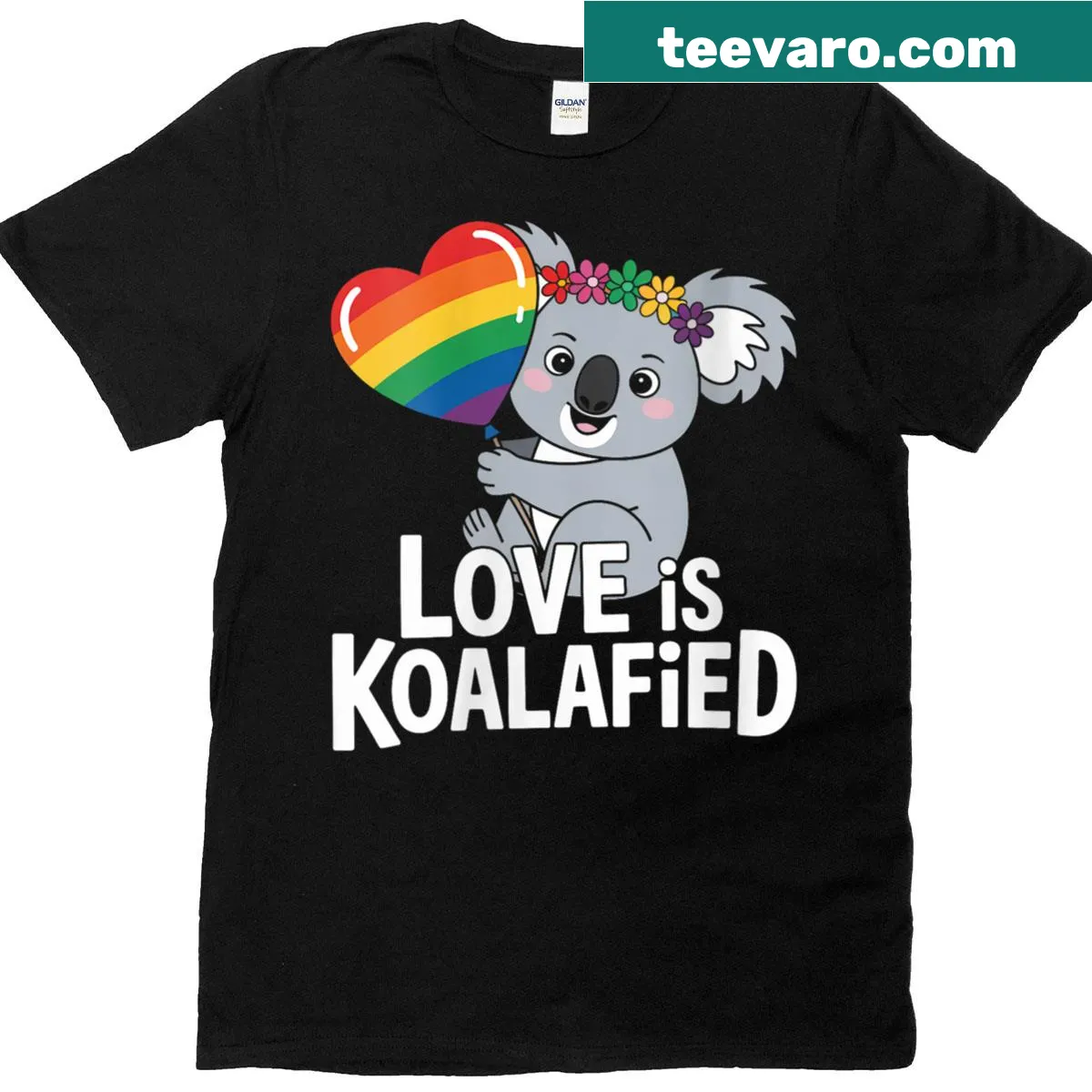 Cute koala hugging a rainbow heart balloon on T-shirt — on a men's t-shirt