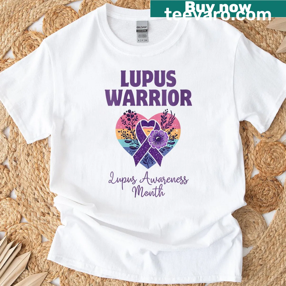Retro T-shirt with purple heart design for lupus awareness — on a men's t-shirt