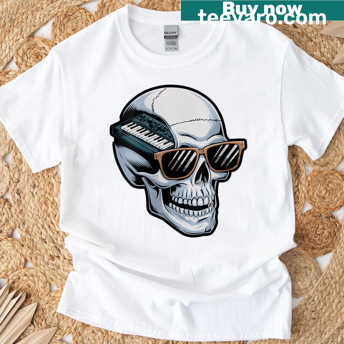 Edgy T-shirt featuring a skull filled with modular synthesizers, perfect for music lovers. — on a men's t-shirt