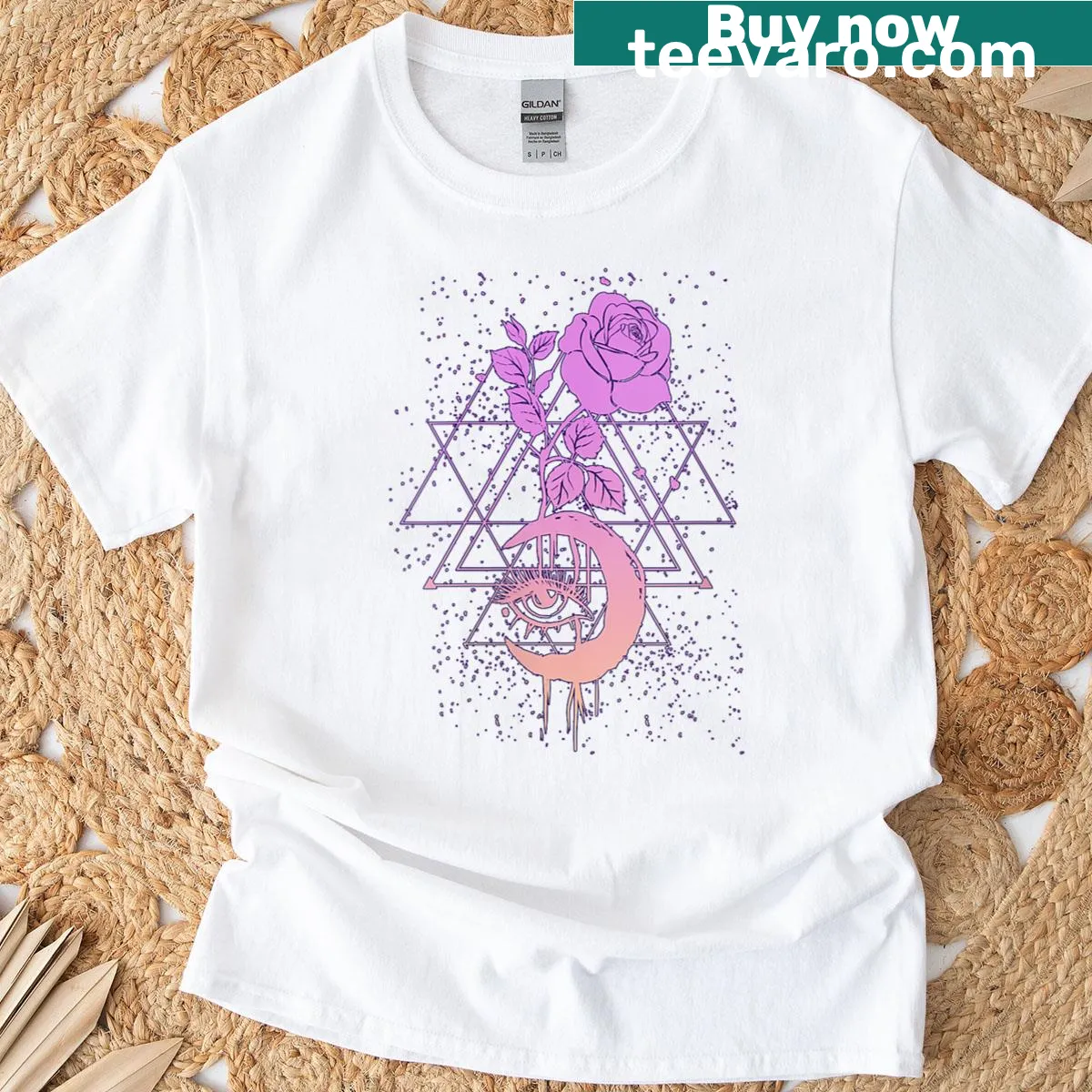 Pastel goth T-shirt featuring moon and rose designs with occult elements — on a men's t-shirt