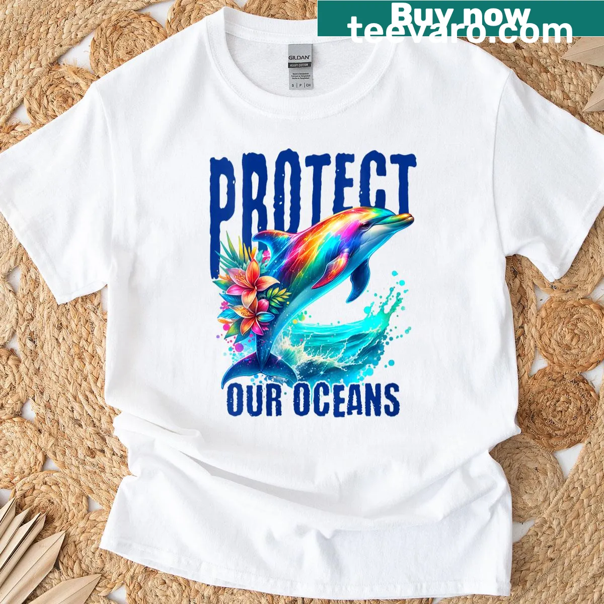 Eco-conscious T-shirt featuring a rainbow dolphin illustration promoting ocean protection. — on a men's t-shirt
