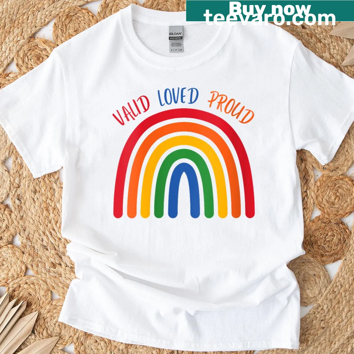 Retro-style T-shirt featuring rainbow pride messages — on a men's t-shirt
