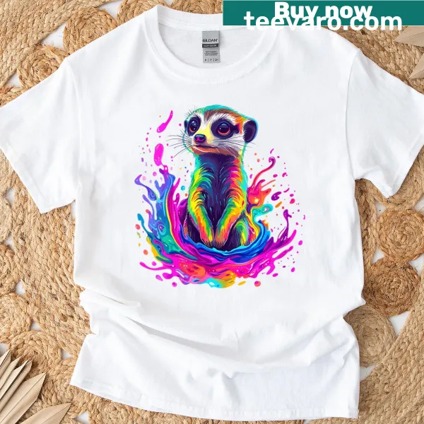 Colorful T-shirt featuring a meerkat splashing through rainbows