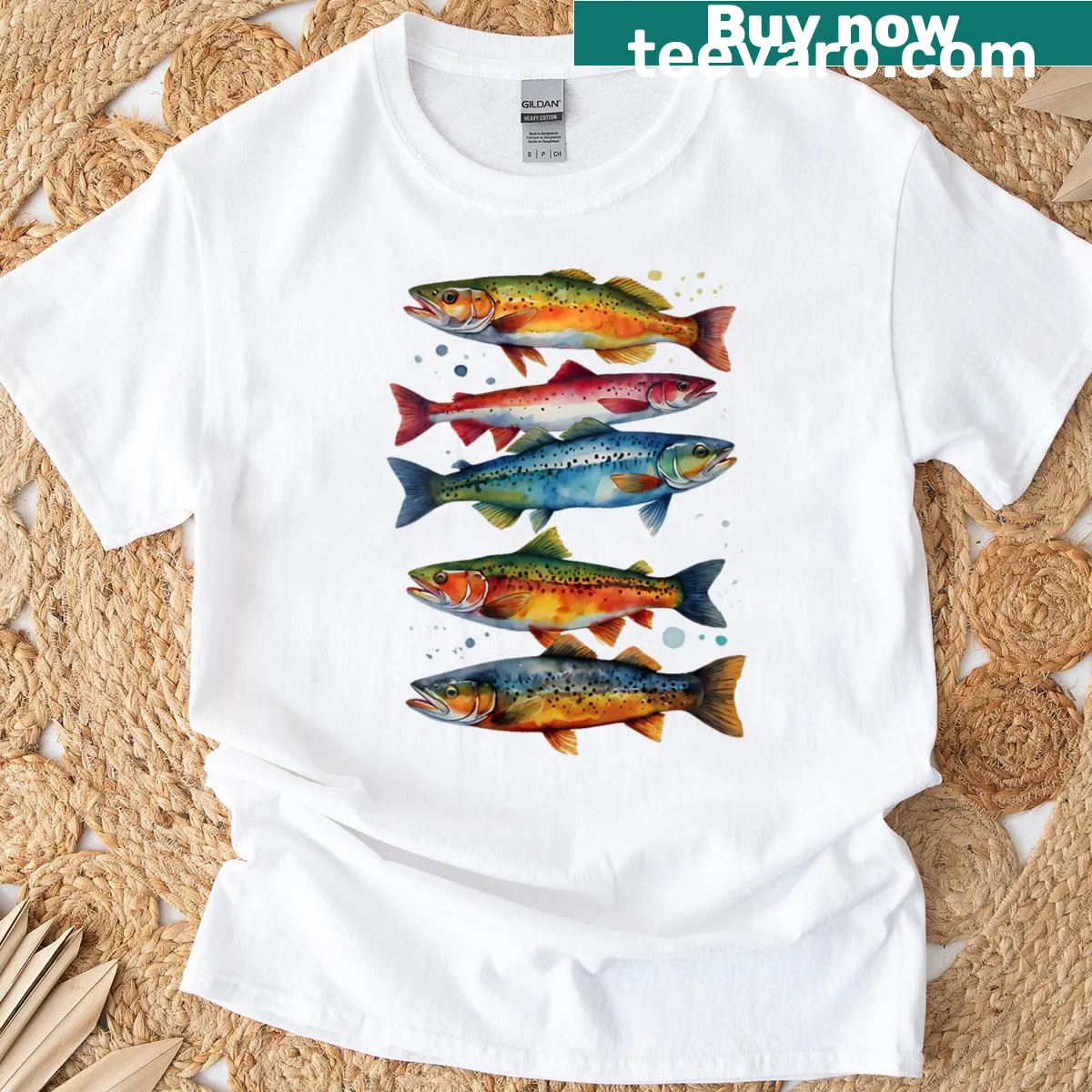 Illustration of a rainbow trout on a T-shirt for fishing enthusiasts — on a men's t-shirt