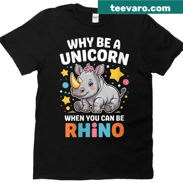 Funny T-shirt with a rhino graphic and the text 'Why Unicorn?'
