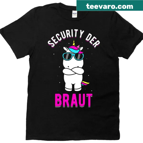 Bachelorette party t-shirt with 'Security Of The Bride' and unicorn design.