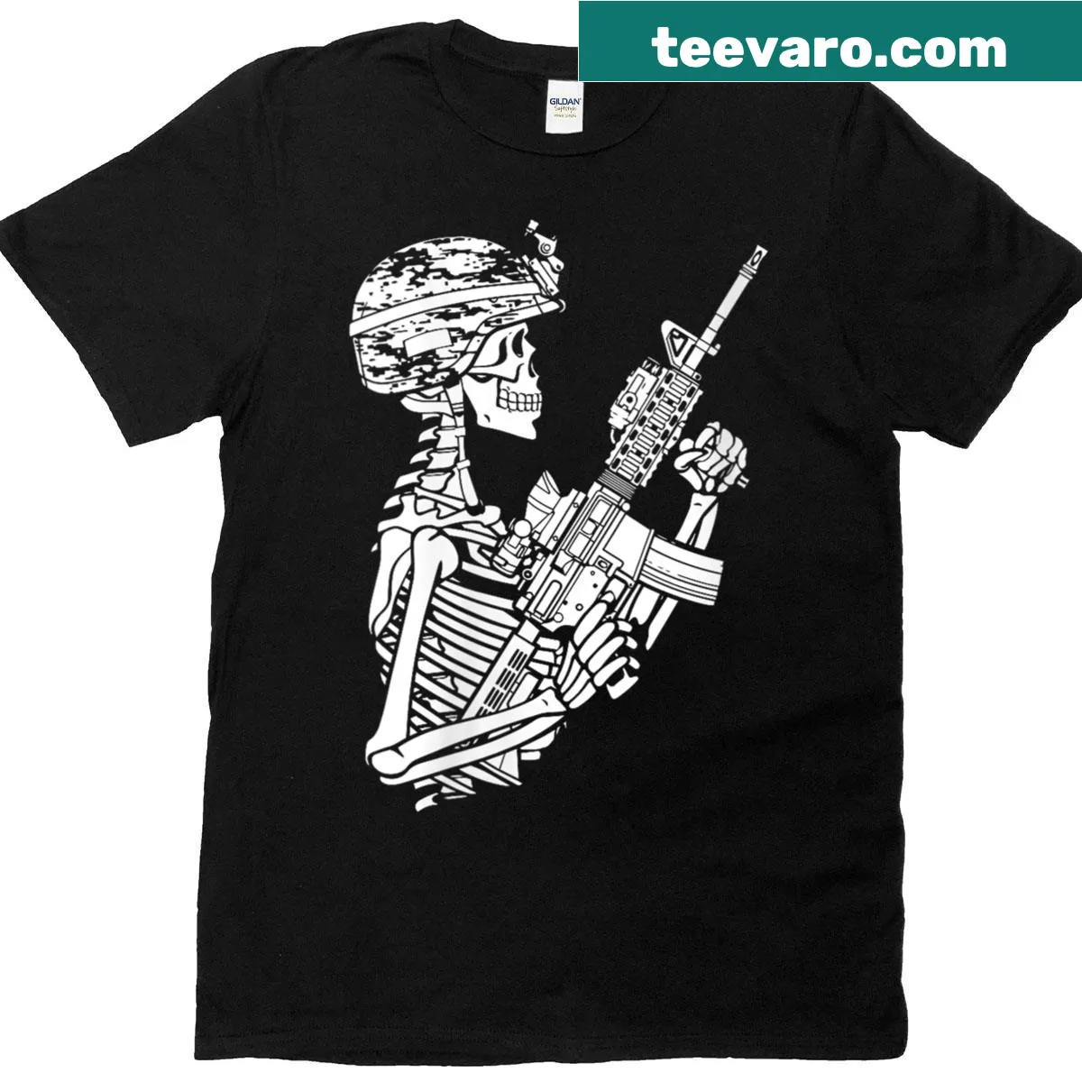 Skeleton army soldier skull graphic T-shirt — on a men's t-shirt