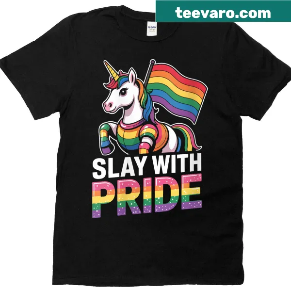 Rainbow unicorn in armor illustration on a T-shirt for women.