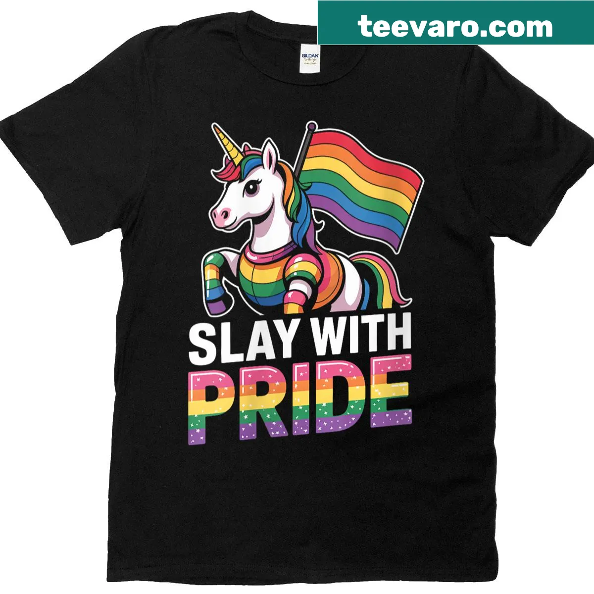 Rainbow unicorn in armor illustration on a T-shirt for women. — on a men's t-shirt