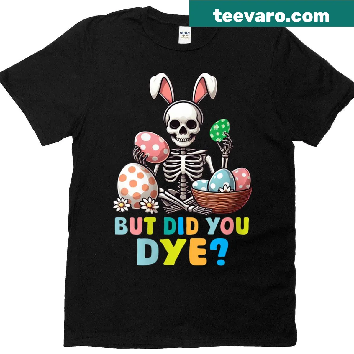 Skeleton bunny Easter egg dyeing graphic T-shirt — on a men's t-shirt