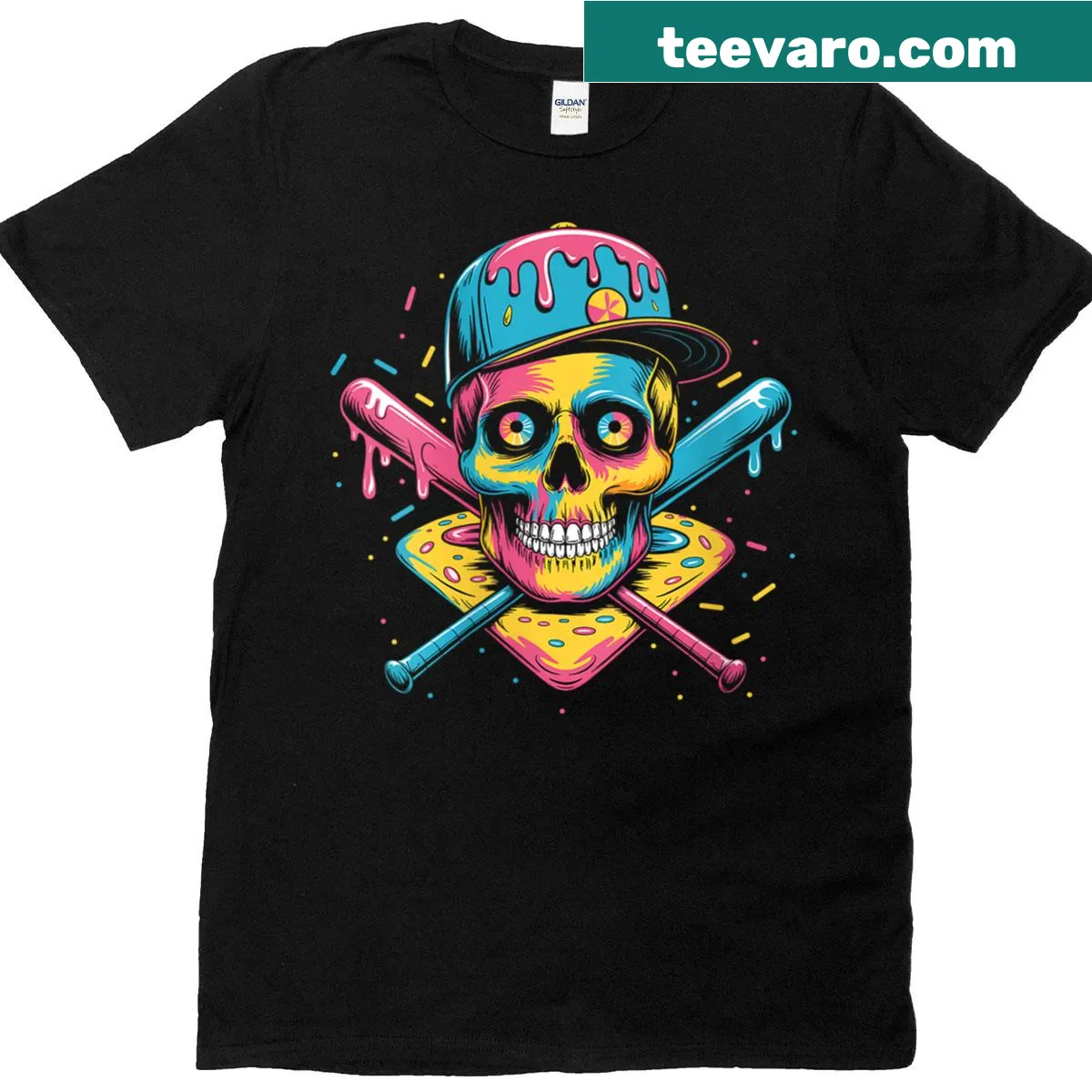 Illustrative T-shirt featuring a baseball home plate with dripping ice cream — on a men's t-shirt