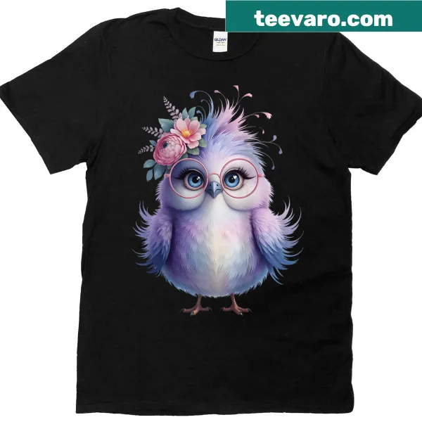 Illustrated owl with glasses and floral crown on raglan tee