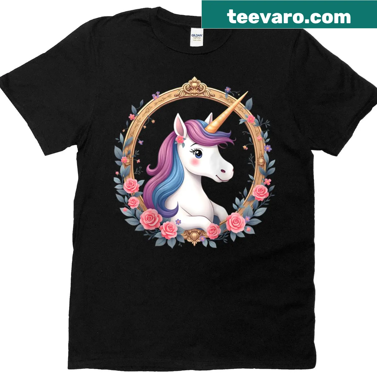 Unicorn with floral wreath graphic on raglan baseball tee — on a men's t-shirt
