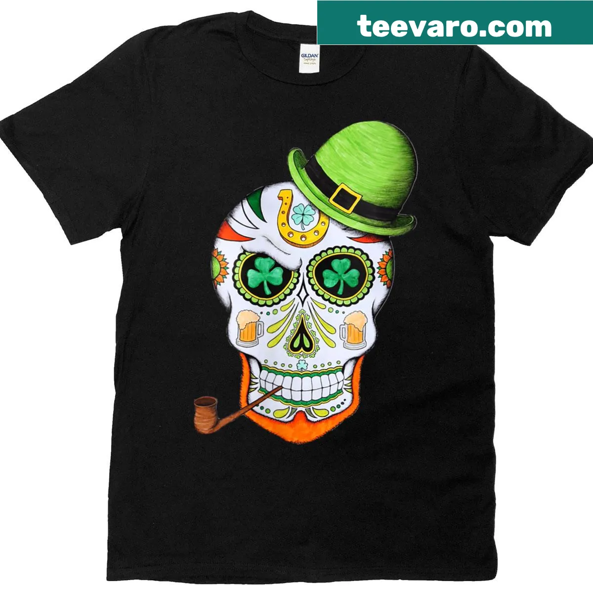 Illustrated sugar skull design T-shirt for St. Patrick's Day — on a men's t-shirt