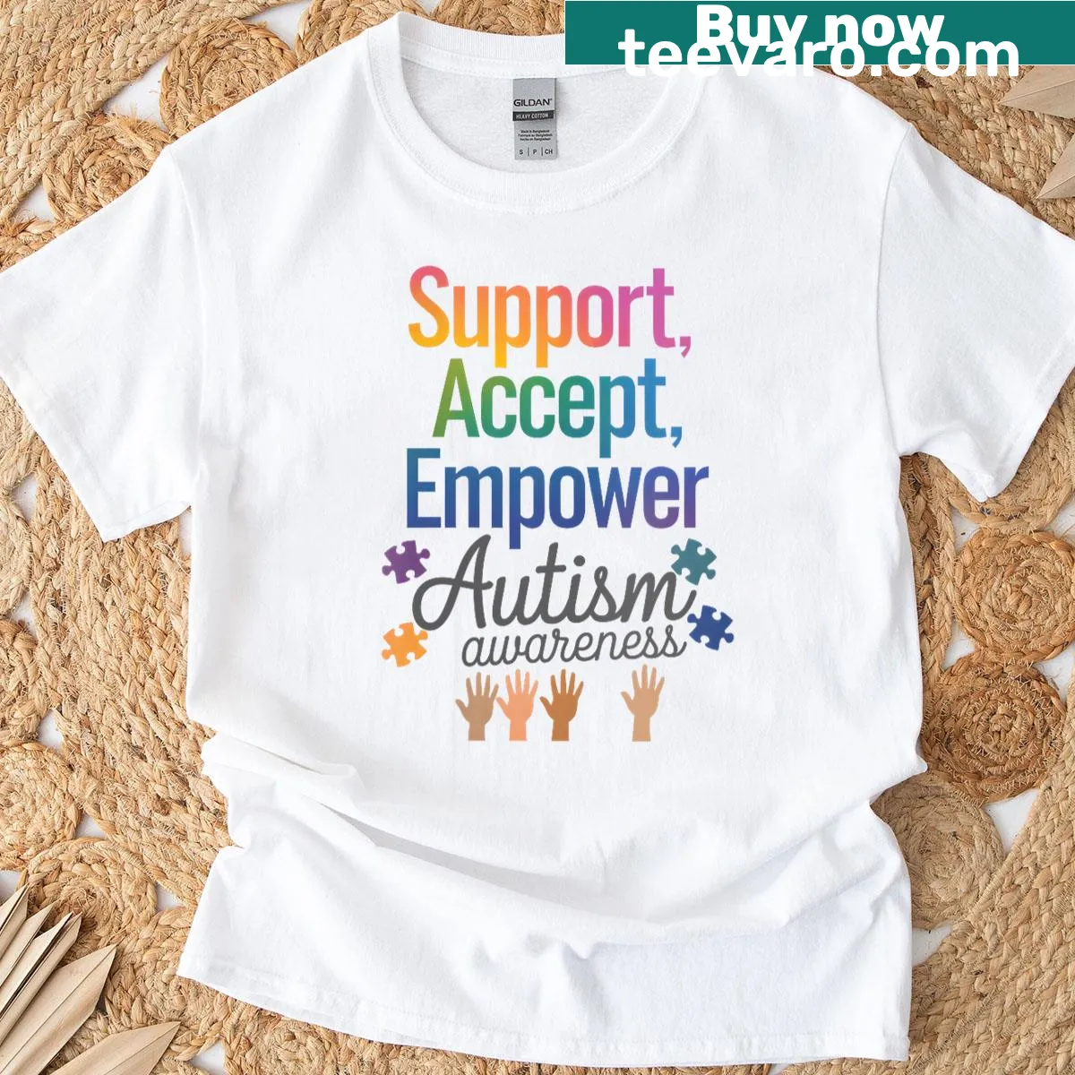 Rainbow-text design promoting autism awareness on a T-shirt — on a men's t-shirt