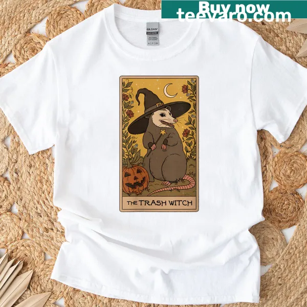 Vintage-style t-shirt featuring a trash witch with raccoon and possum