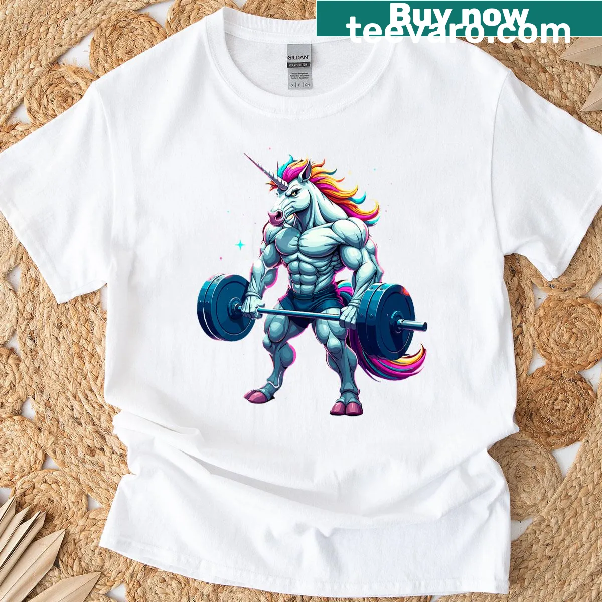 Cartoon unicorn deadlifting design on a humorous gym T-shirt — on a men's t-shirt