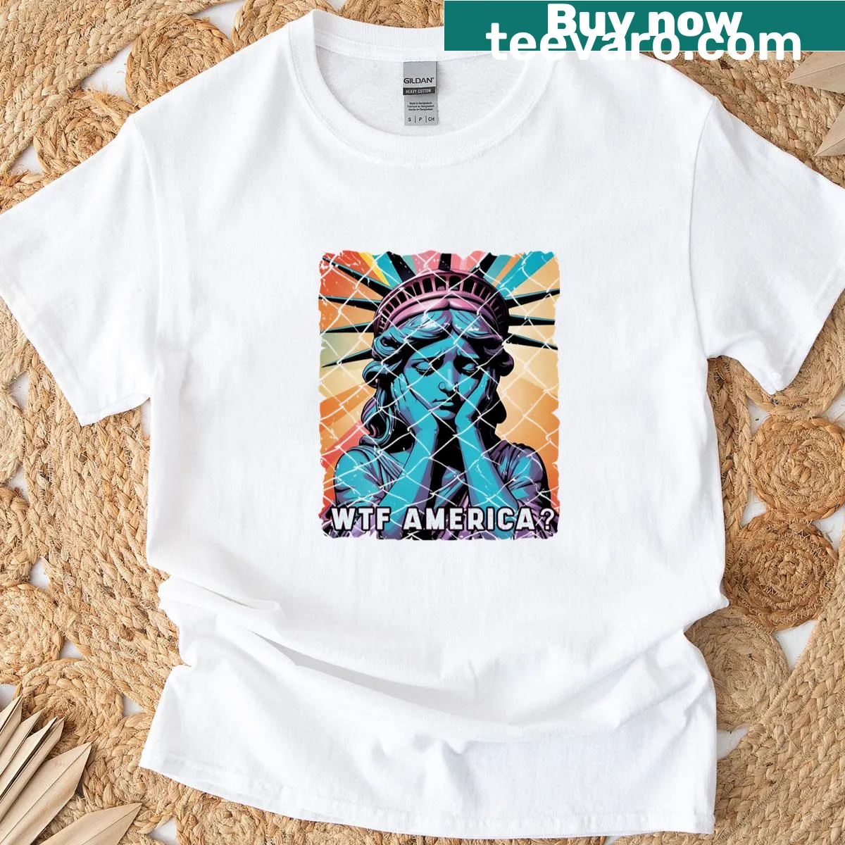 Graphic t-shirt of Statue of Liberty in a cage, symbolizing anti-fascism — on a men's t-shirt