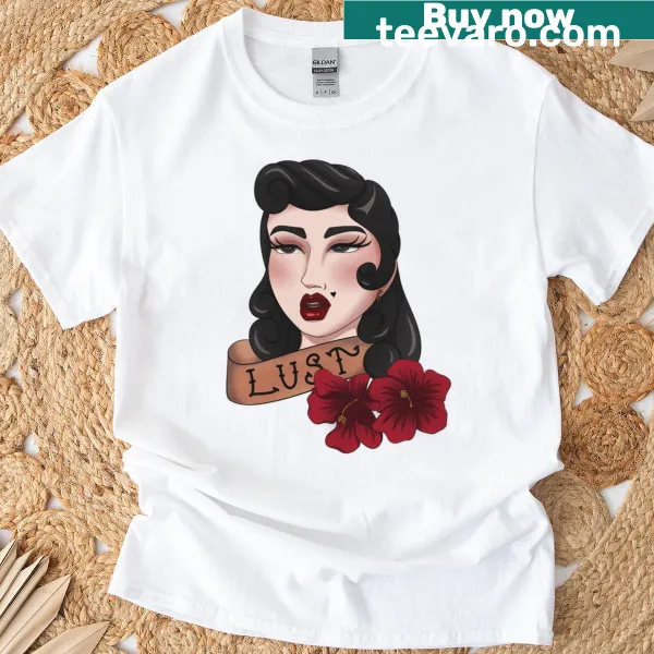 Tattoo style design featuring lust theme on a vintage t-shirt