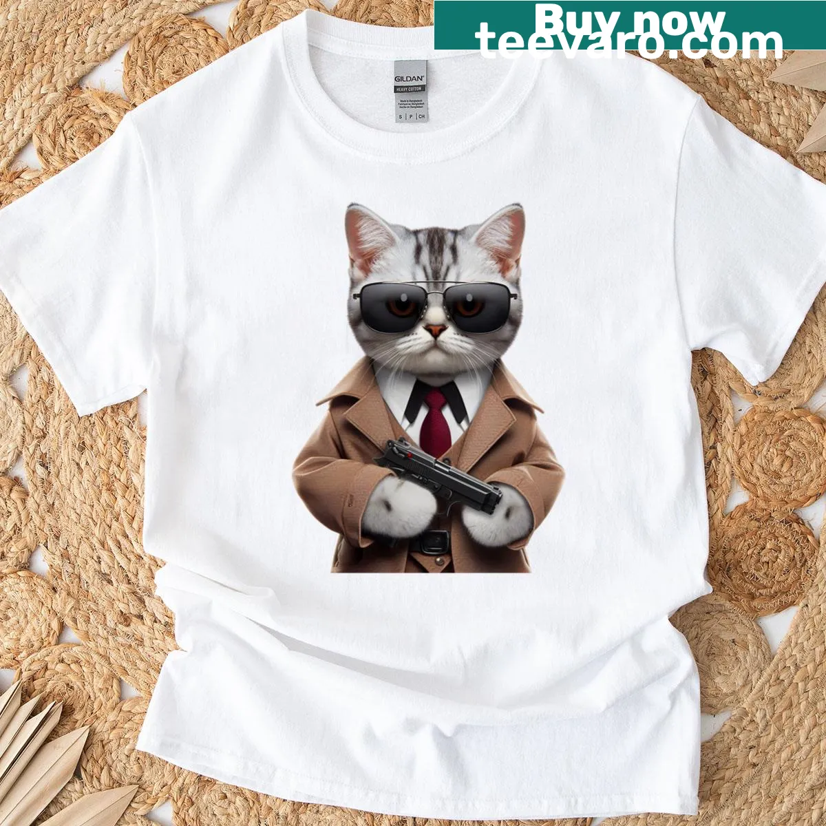 Playful illustration of a cat as a secret agent on a t-shirt — on a men's t-shirt