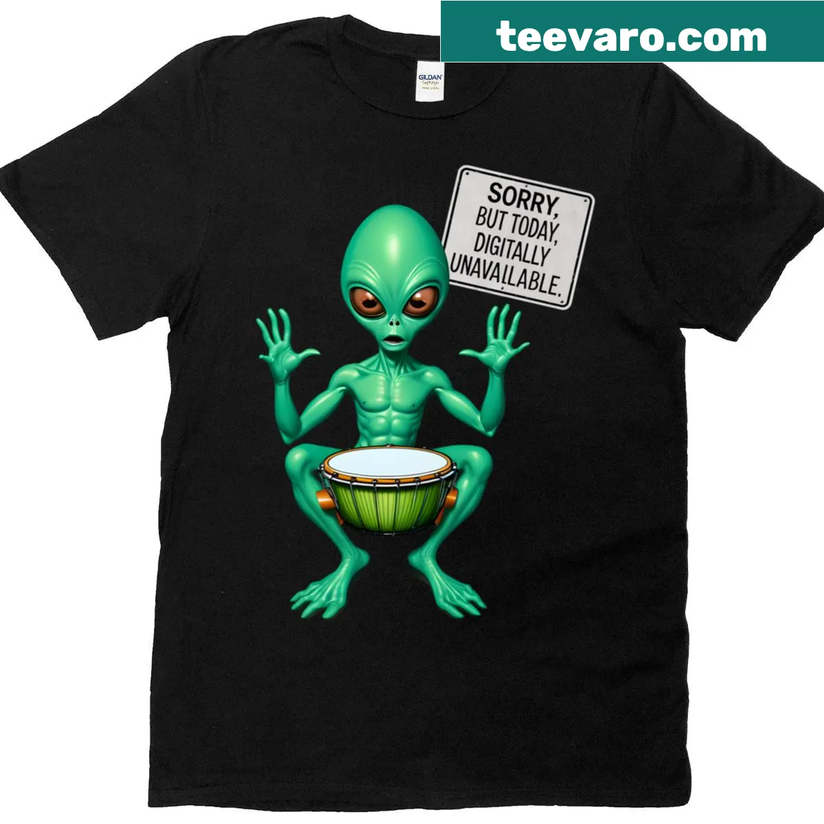 Fun illustration of an alien playing bongos with the text 'Not Available' — on a men's t-shirt