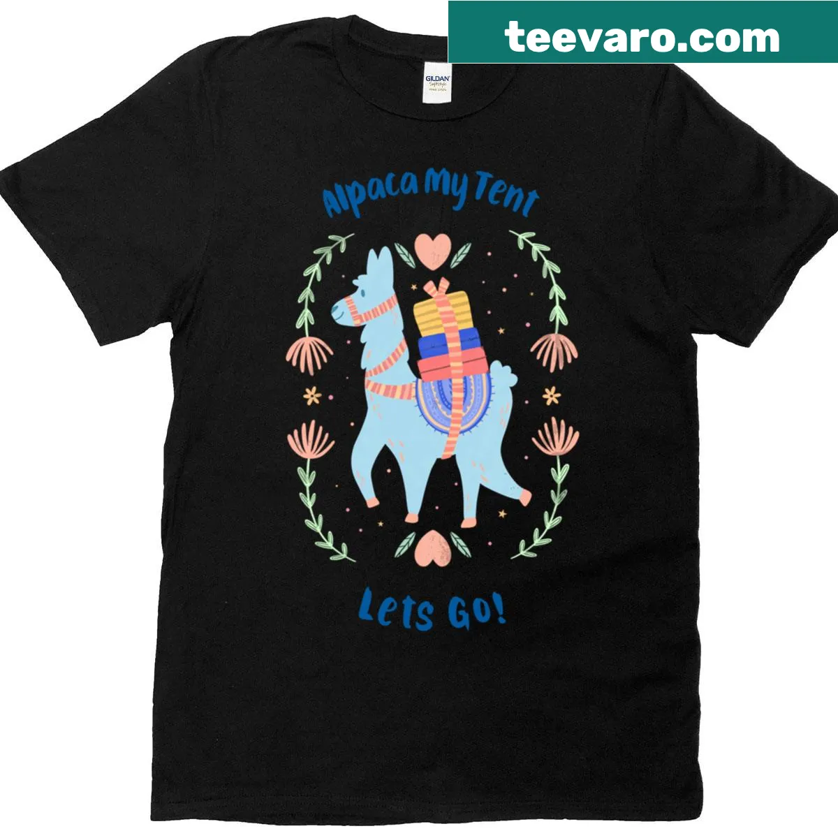 Playful alpaca illustration with camping theme on T-shirt — on a men's t-shirt