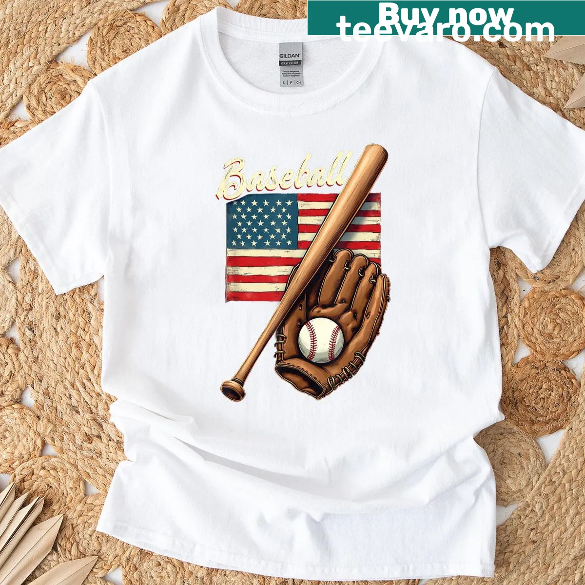 Baseball player t-shirt with American flag design — on a men's t-shirt