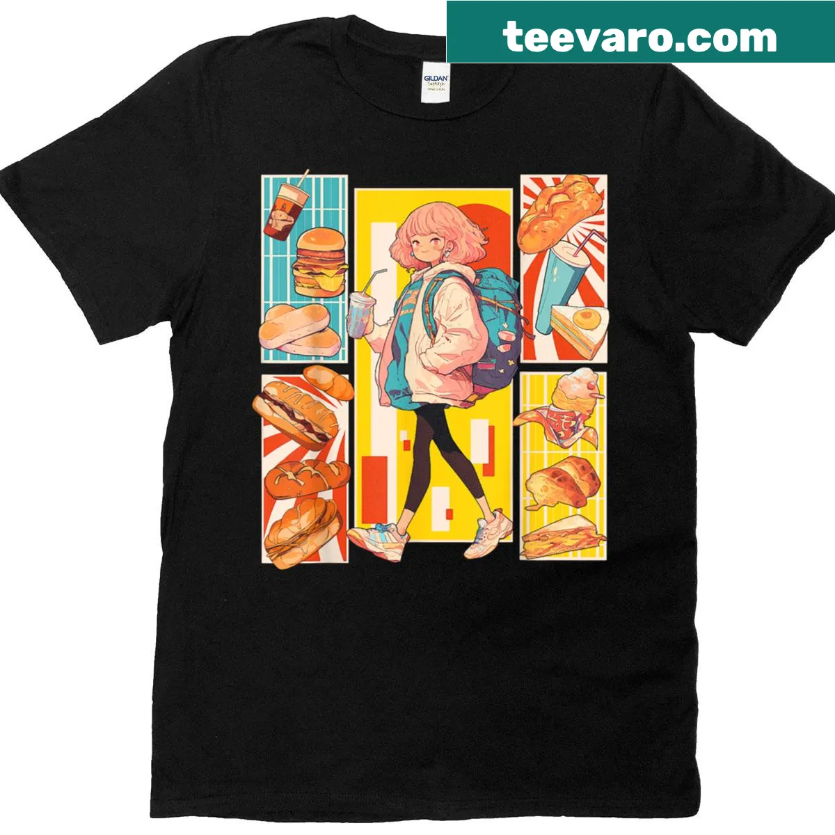 Anime girl surrounded by Japanese food in a manga style design. — on a men's t-shirt