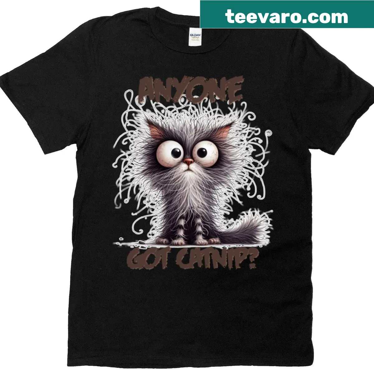 Oversized T-shirt featuring a whimsical cat surrounded by catnip. — on a men's t-shirt
