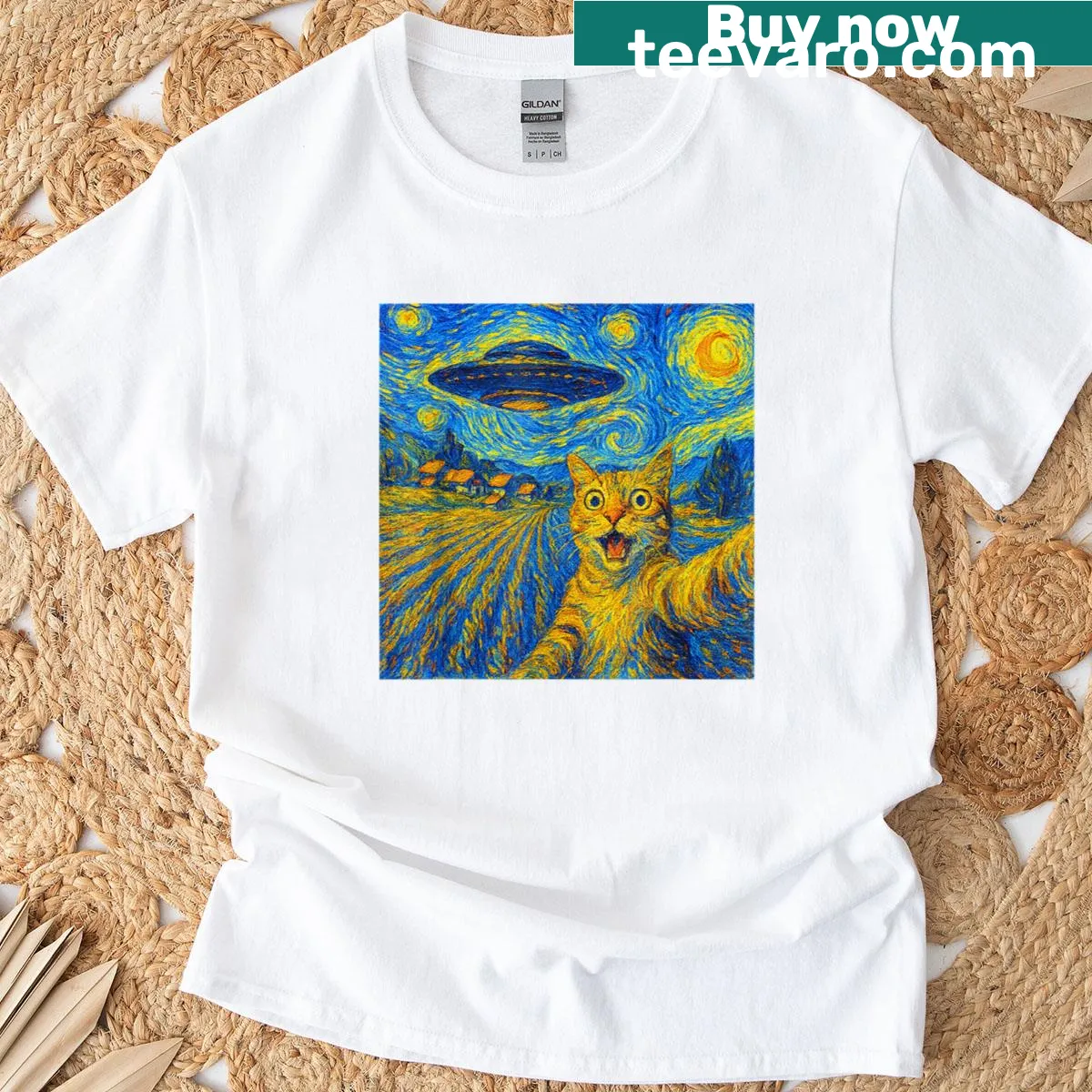 Cute cartoon T-shirt featuring a UFO and cat in an alien invasion scene — on a men's t-shirt