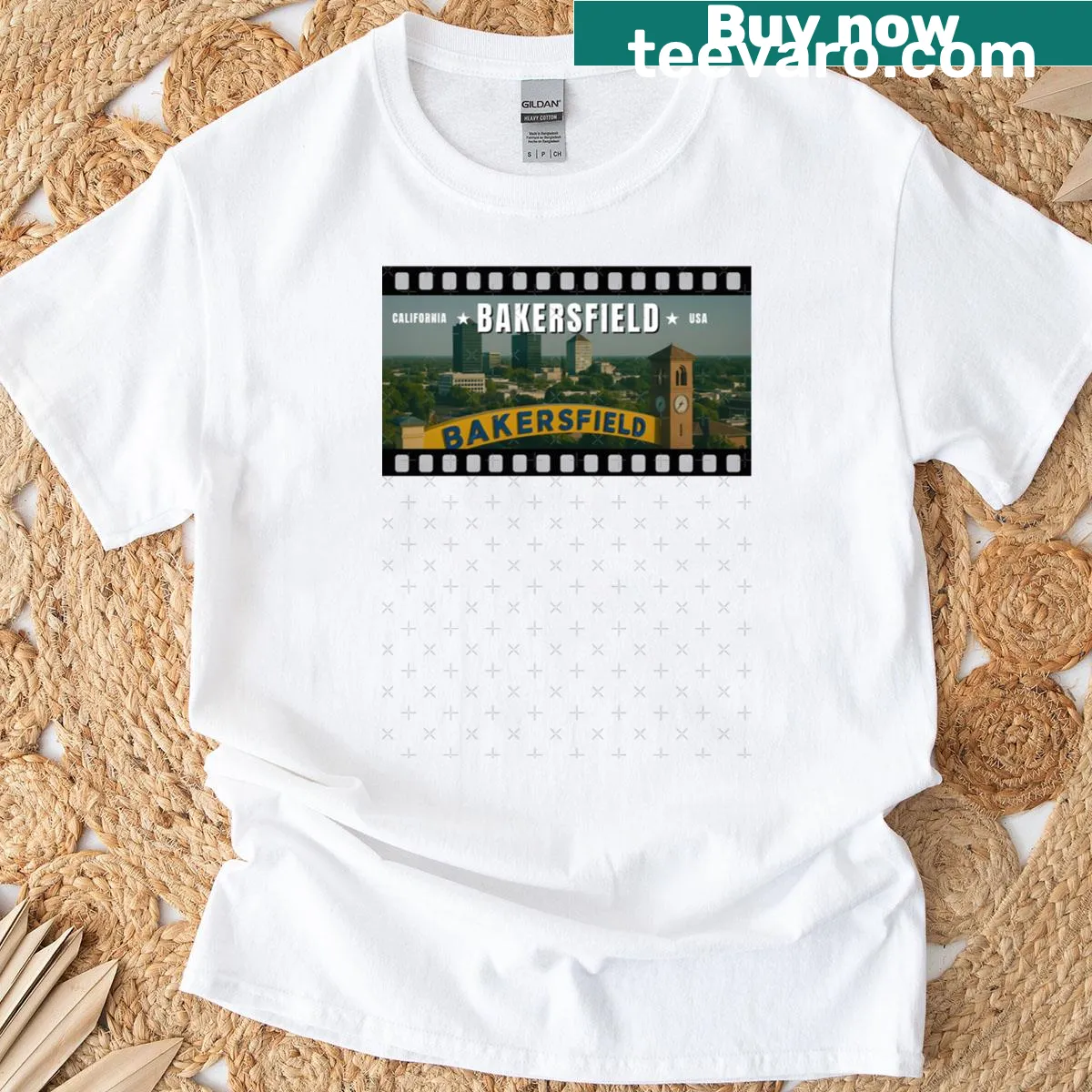 T-shirt featuring the name 'Bakersfield, California, USA' — on a men's t-shirt