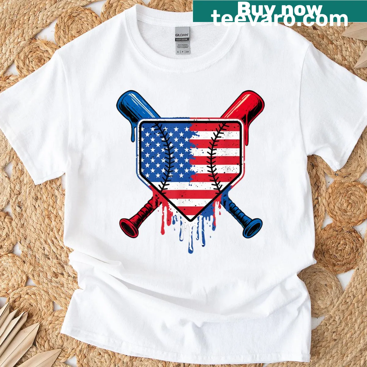 Baseball-themed T-shirt with ice cream and American flag design — on a men's t-shirt