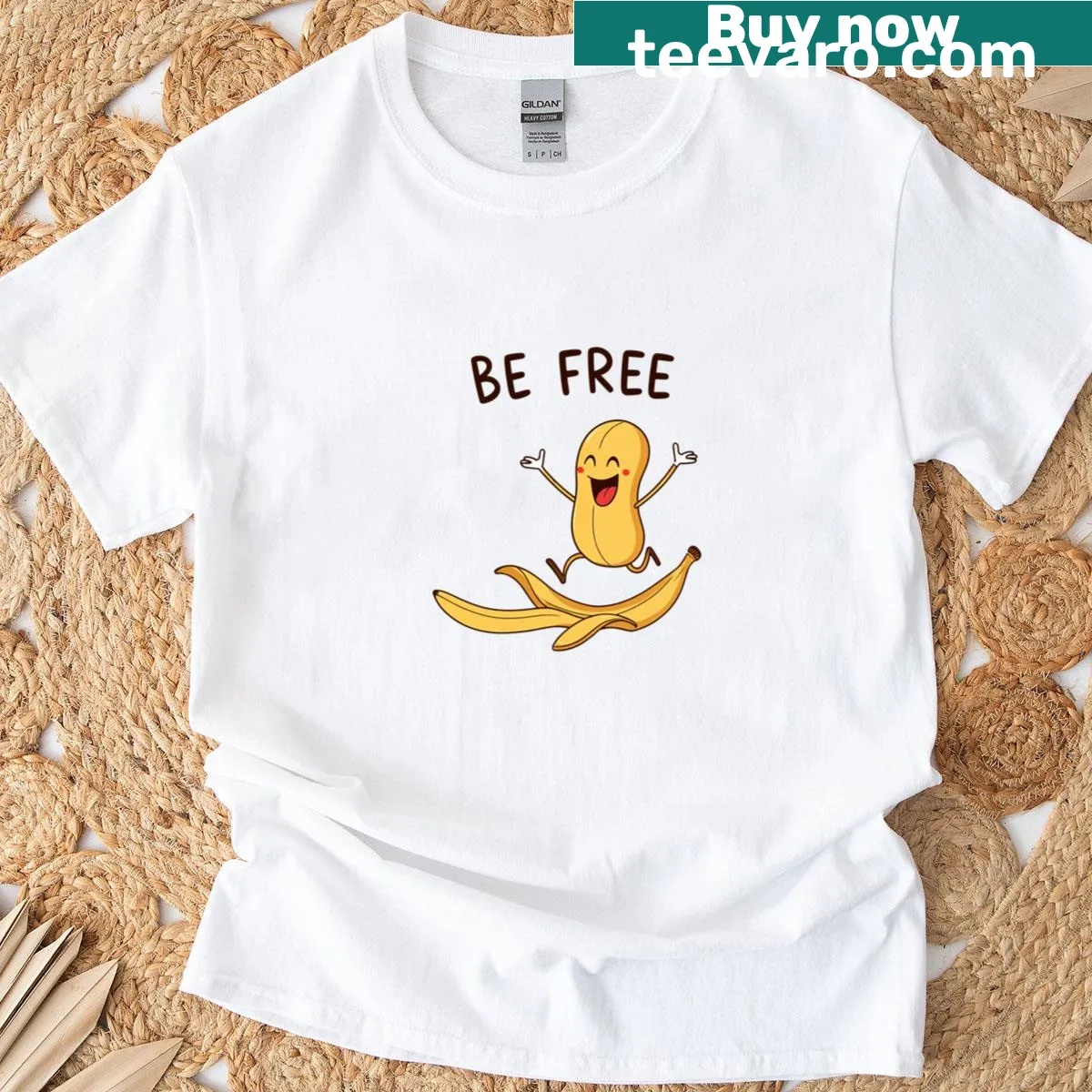 Cartoon banana design with a joyful expression, promoting happiness. — on a men's t-shirt