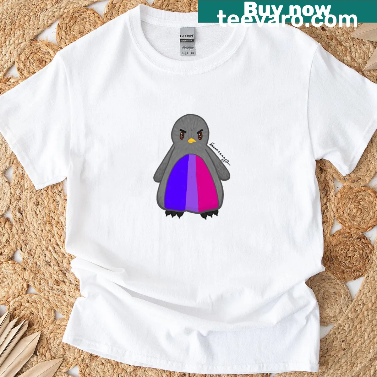 Cute penguin illustration on a Bi Pride T-shirt — on a men's t-shirt