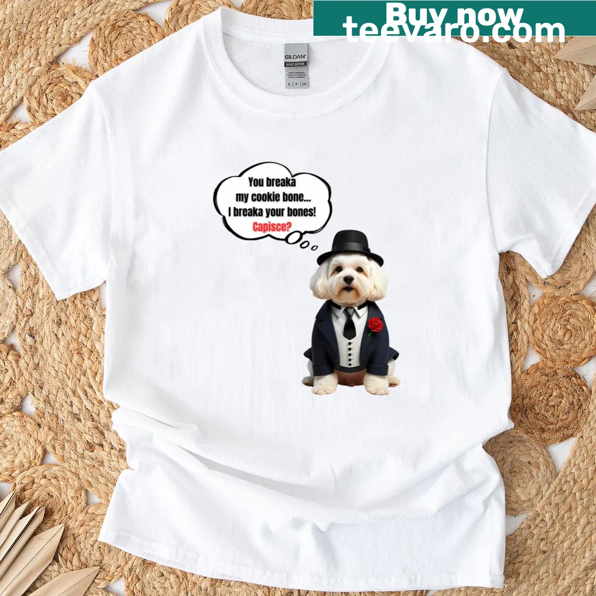 Illustration of a Bichon Frise as a mafia boss with a cookie. — on a men's t-shirt