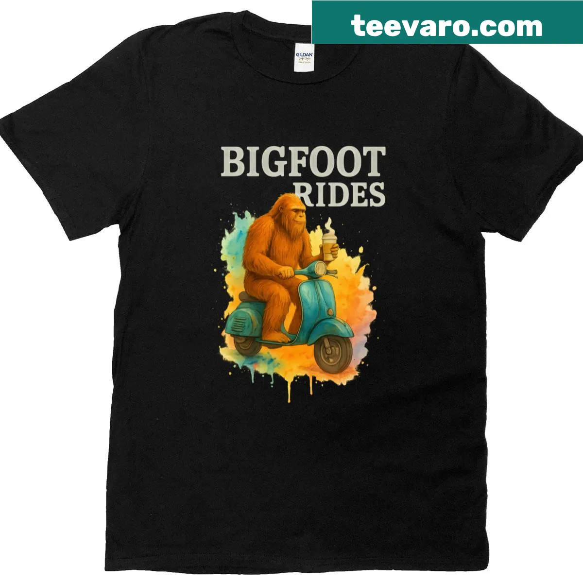 Funny Bigfoot riding a scooter with coffee in a watercolor design — on a men's t-shirt