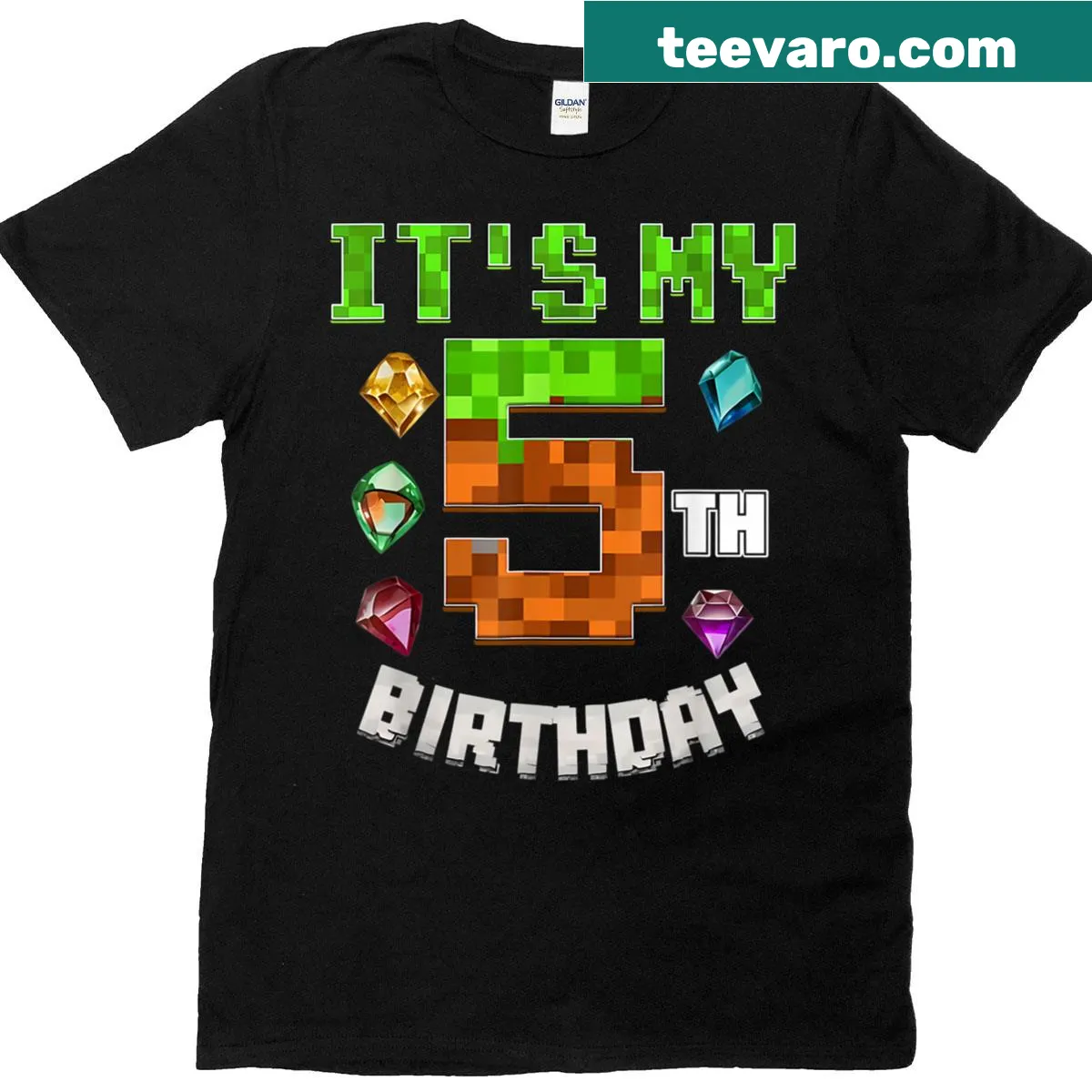 Pixel art birthday shirt for 5-year-old gamer — on a men's t-shirt