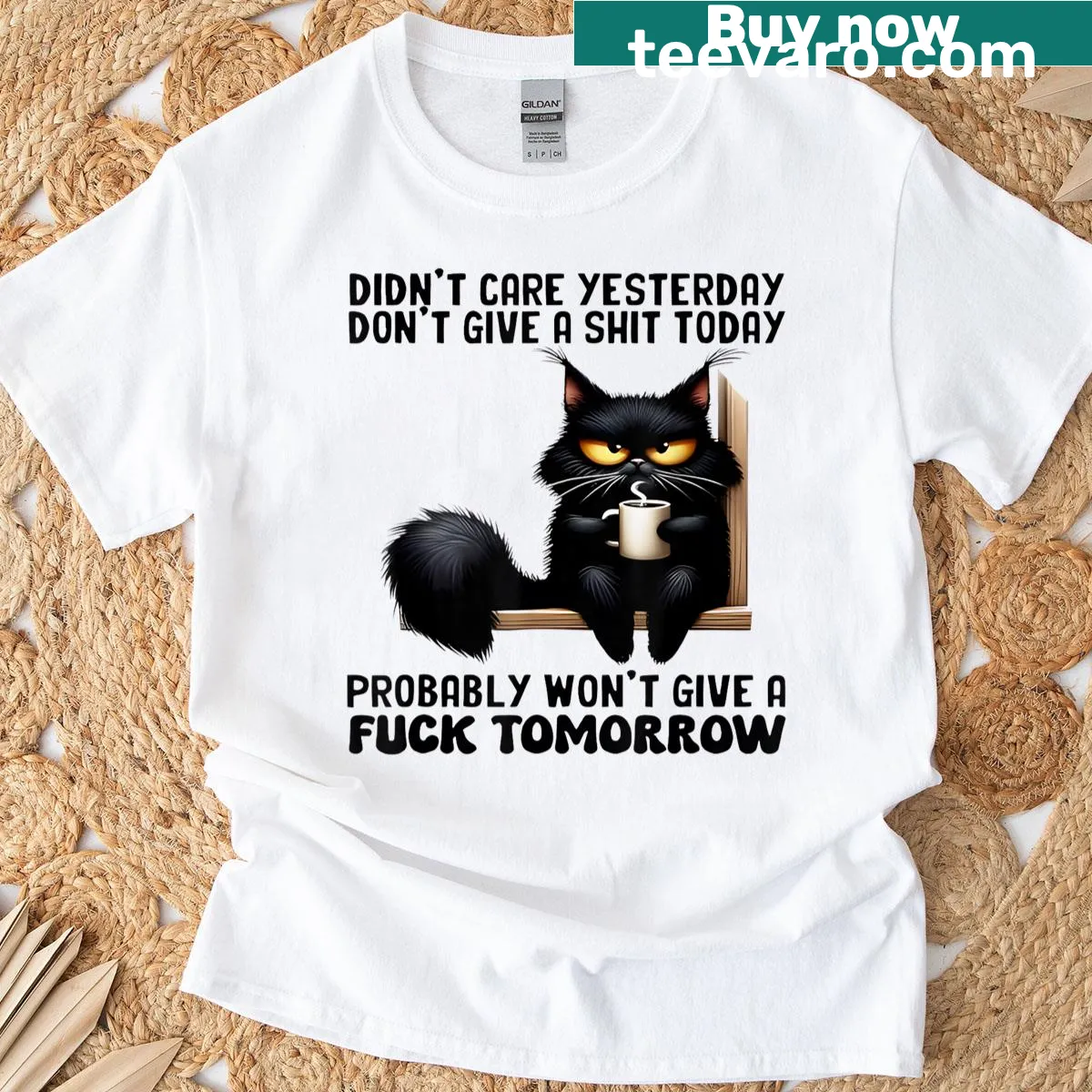 Funny text tee with 'Black Cat Didn't Care Yesterday' slogan — on a men's t-shirt