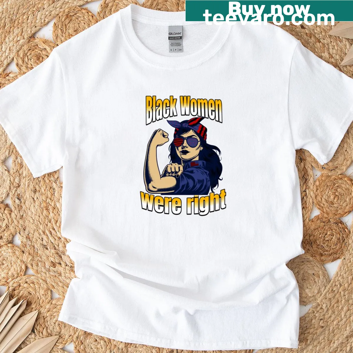 Patriotic T-shirt honoring Black women's strength and empowerment. — on a men's t-shirt