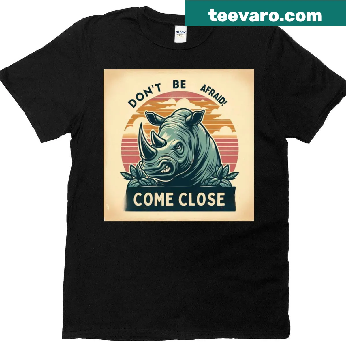 T-shirt featuring a bold rhino graphic with daring text — on a men's t-shirt