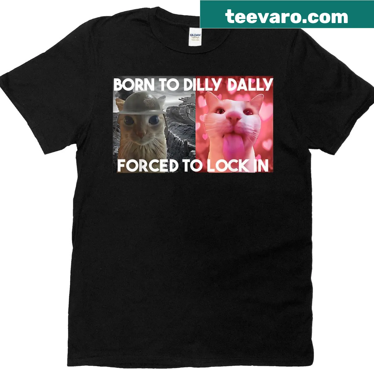 T-shirt with a cat meme graphic and humorous phrase — on a men's t-shirt