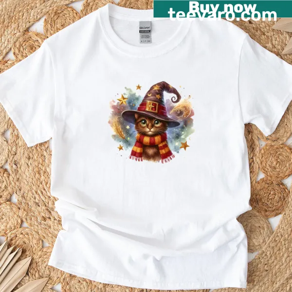 Cute cat in a wizard hat and striped scarf graphic on a t-shirt
