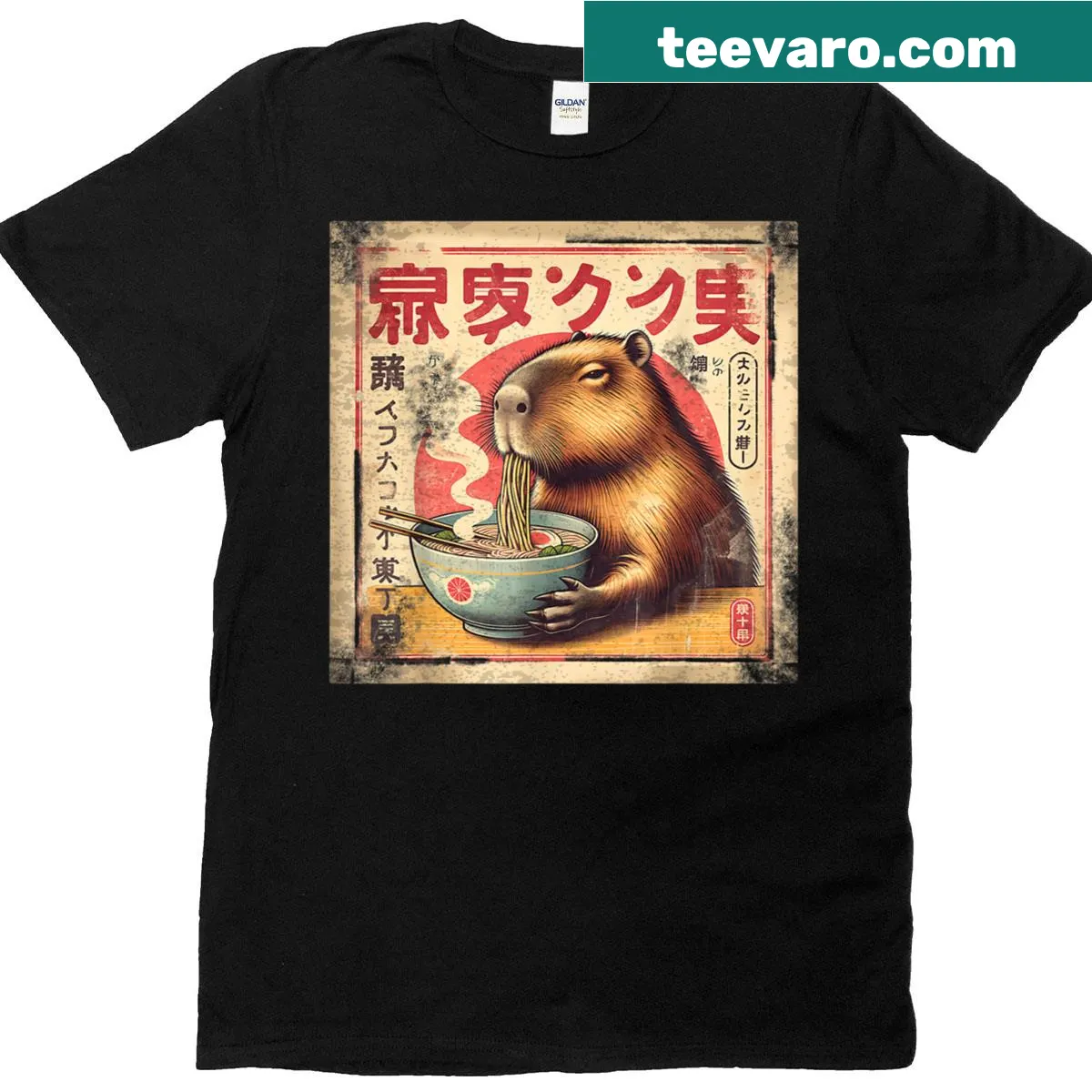 Kawaii capybara enjoying ramen noodles on a shirt — on a men's t-shirt