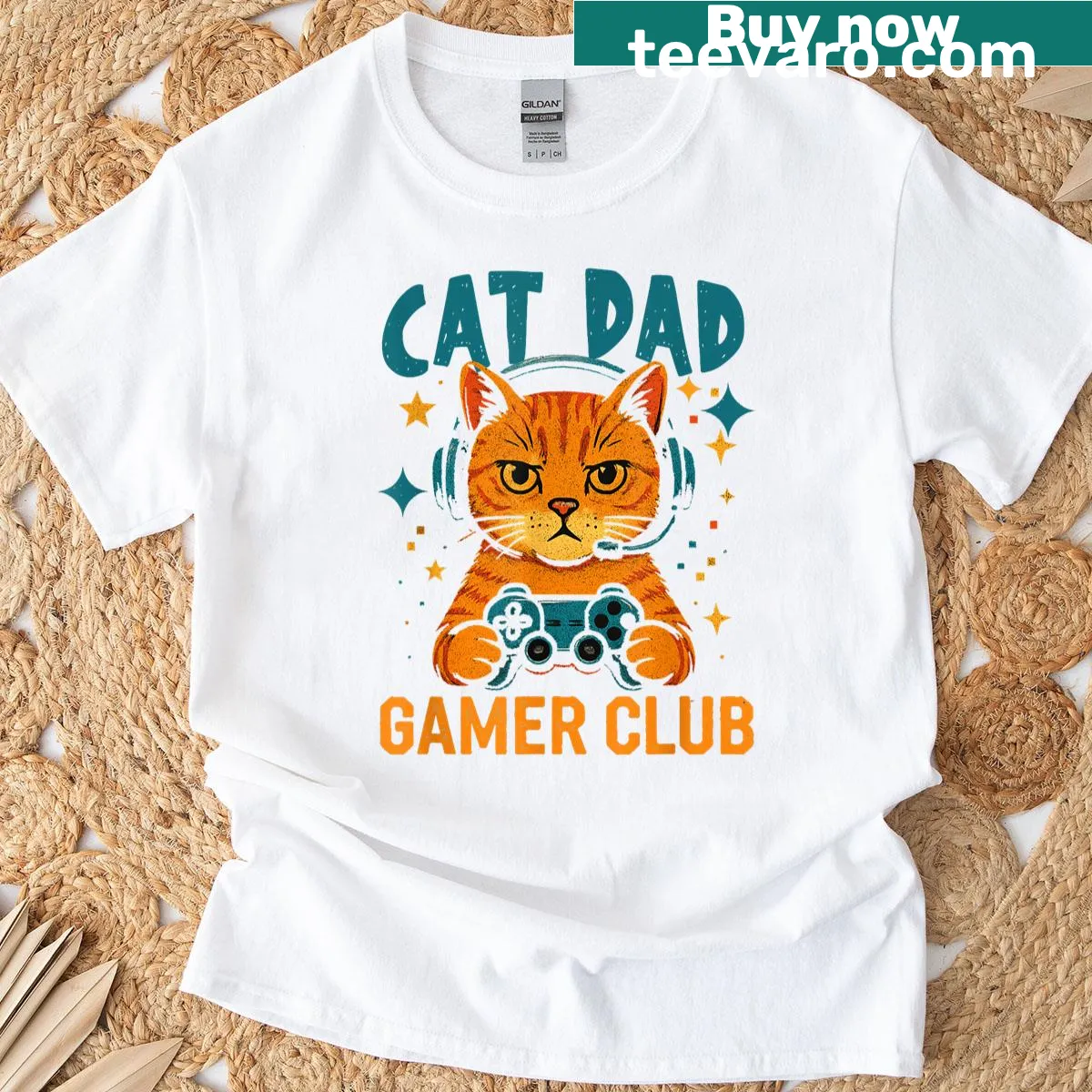 Funny Cat Dad Gamer Club t-shirt with playful illustrations — on a men's t-shirt