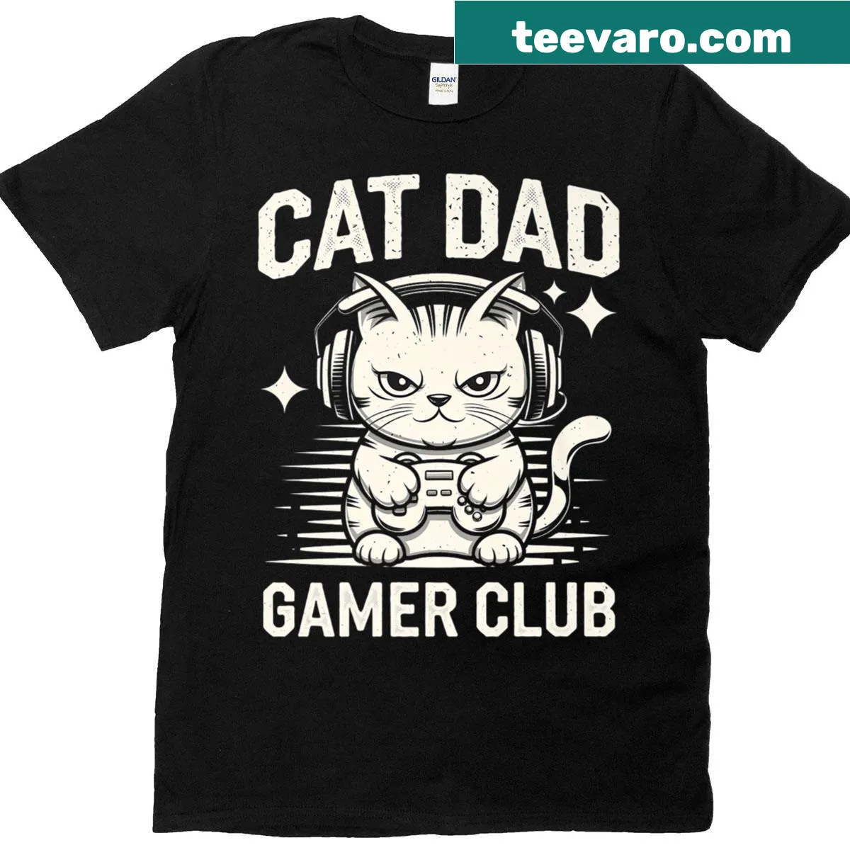 Graphic t-shirt for cat dads featuring gaming design — on a men's t-shirt