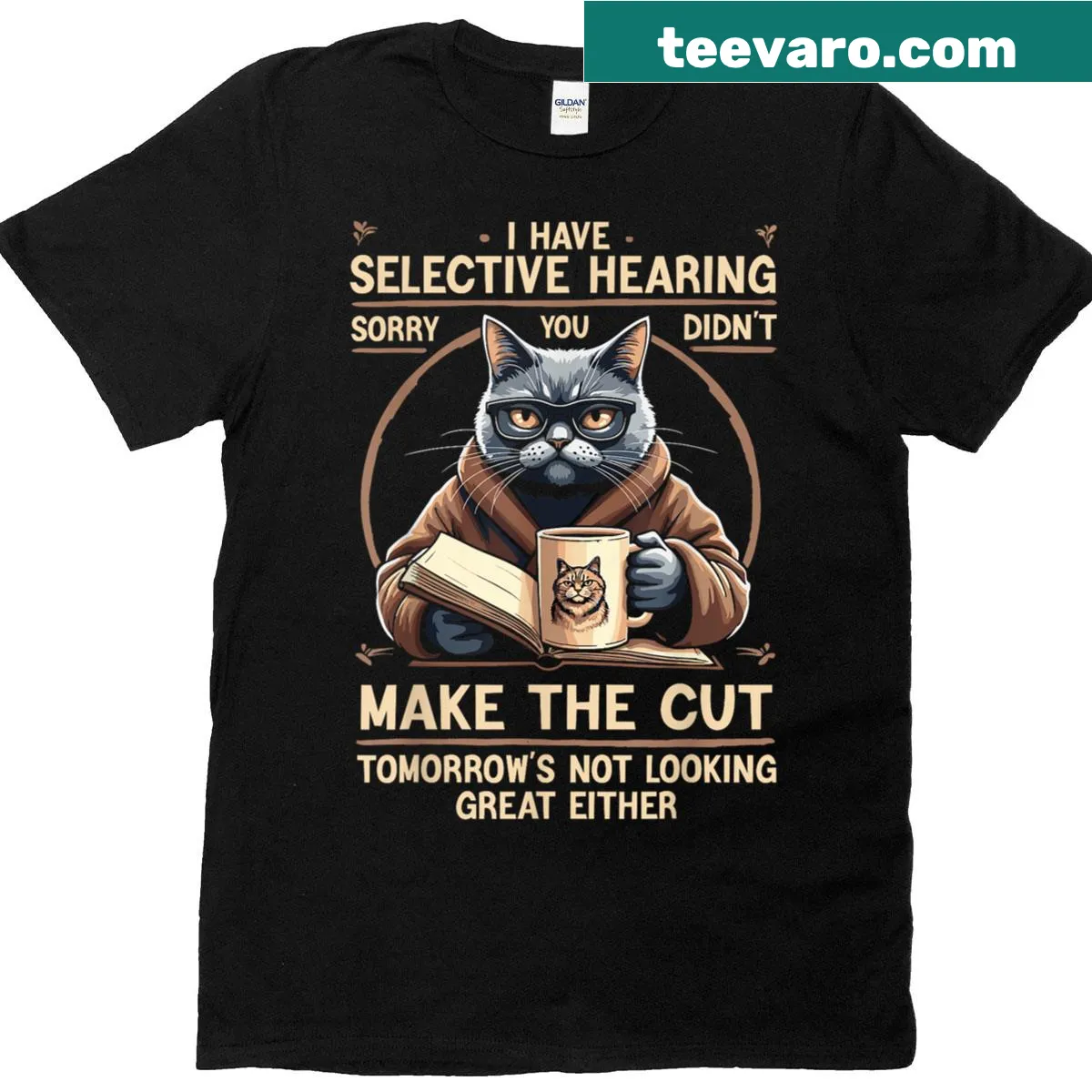 Humorous T-shirt with text about cats' selective hearing — on a men's t-shirt